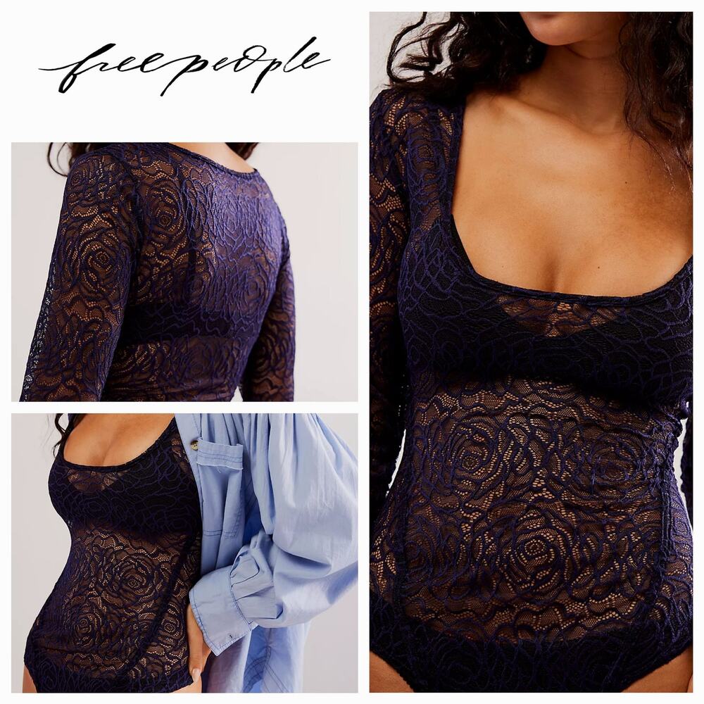 NWT Free People Intimately In‎ My Head Rose Lace Bodysuit Sz. XS [0-2] Navy Coat